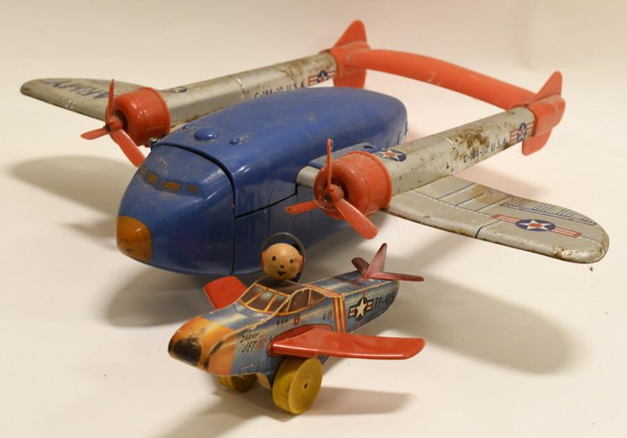 Lot of Vintage Wood and Plastic Planes: Nice lot of vintage wood and plastic planes. All have wear from play and age. Longest wingspan measures approximately 24" long.
