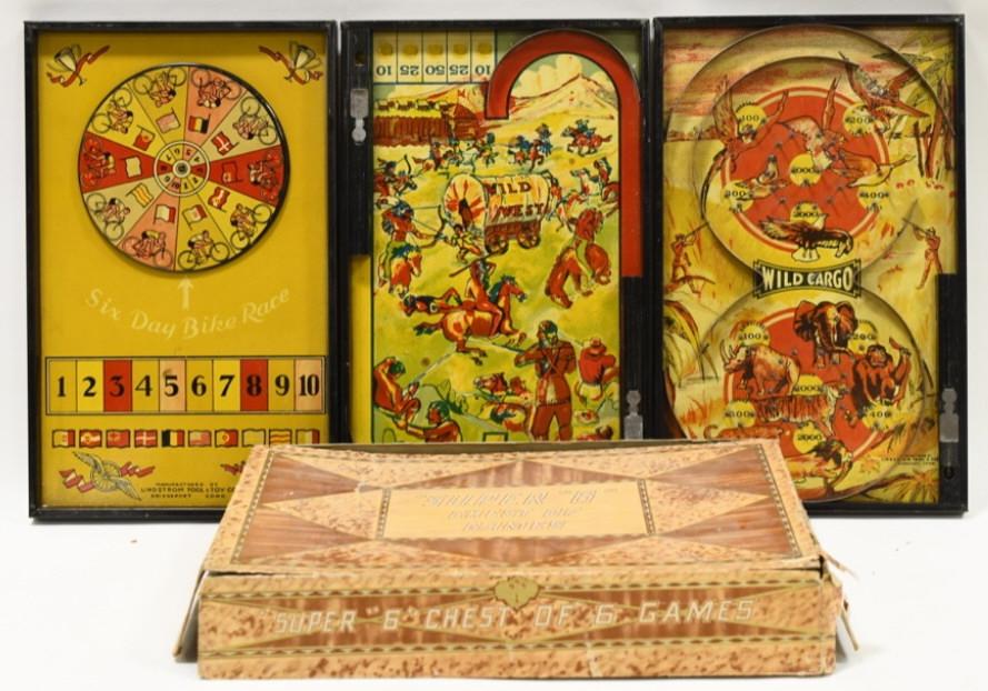Vtg Lindstrom's Super 6 Chest of Games w/ Box: Vintage Litho 1930s Lindstrom's Tool & Toy Bagatelle Super 6 Chest of Games in Box. Box has wear from age and display. Has all 3 boards that have a game on each side. They display nicely with light we