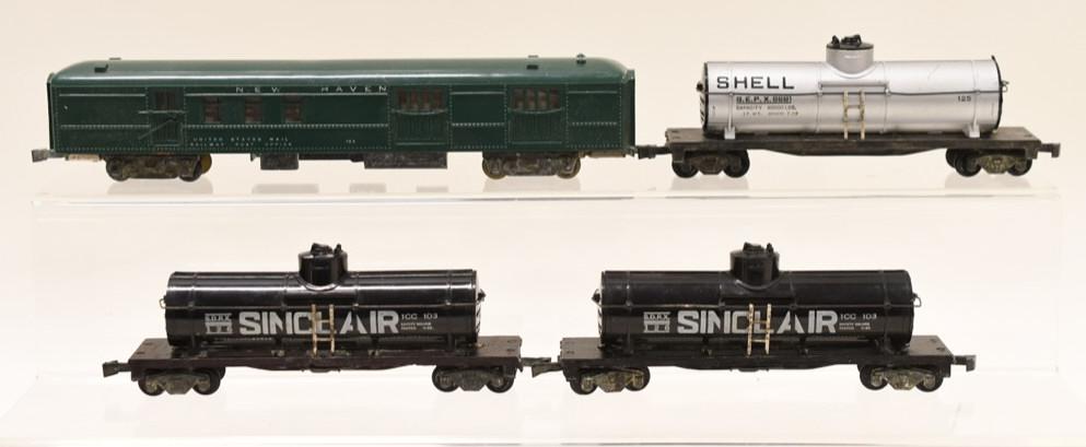 Postwar American Flyer HO Tankers: Nice American Flyer HO tankers and New Haven U.S, Mail Railway post office 133 train car. Lot displays nicely with appropriate wear for age. Has some corrosion on the bottom of New Haven car.