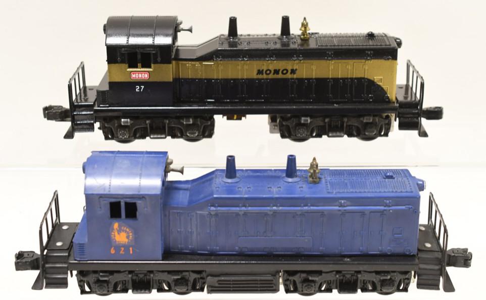 Lionel O Gauge #621 Switcher and #27 Switcher: Nice lot of Lionel O Gauge switchers. Lot includes a #621 Jersey Central switcher. Also includes a #27 Monon Switcher custom painted by Rick Williams. Both display nicely with wear from age and play.