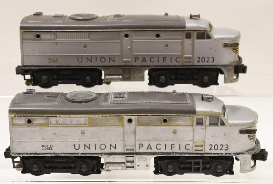 Lot of 2 Lionel #2023 Union Pacific Dummy's: Nice lot of 2 Lionel #2023 Union Pacific Alco Dummy A's. Both have paint loss and wear from play and age.
