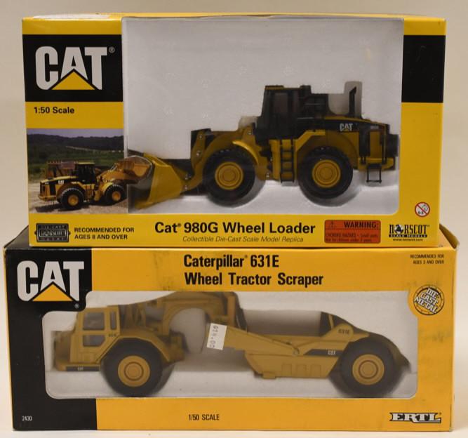 1/50 Norscot Cat 980G Loader and Scraper: Nice 1/50 scale die-cast Norscot Cat 980G wheel loader and 1/50 ertl Caterpillar 631E wheel tractor and scraper. Both display nicely in the boxes. They have light wear from display and storage.