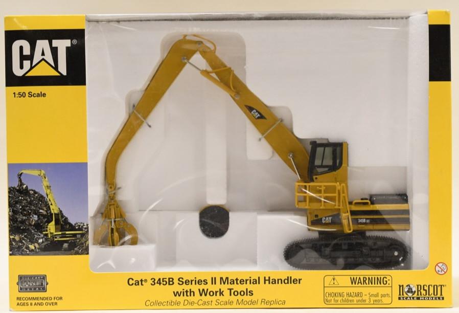 1/50 Scale Die-Cast Norscot Cat Material Handler: Nice 1/50 scale die-cast Norscot Cat 345B Series ll material handler with work tools. Nice condition with light wear from storage and display.