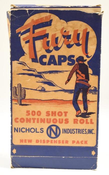 Vintage NOS Nichols Industries Fury Caps Case: Nice vintage NOS case of Nichols Industries Fury Caps. Case is not completely full. Missing 4 small boxes. Displays nicely. Measures approximately 12" tall.