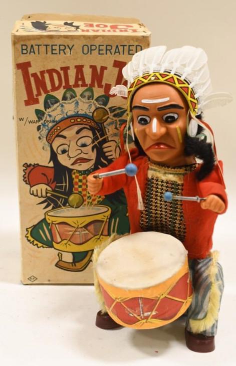 Alps Battery Operated Indian Joe w/ War Drum: Nice vintage Alps battery operated Indian Joe with war drum with box. Displays nicely with wear from play and age. Untested. Measures approximately 12" tall.