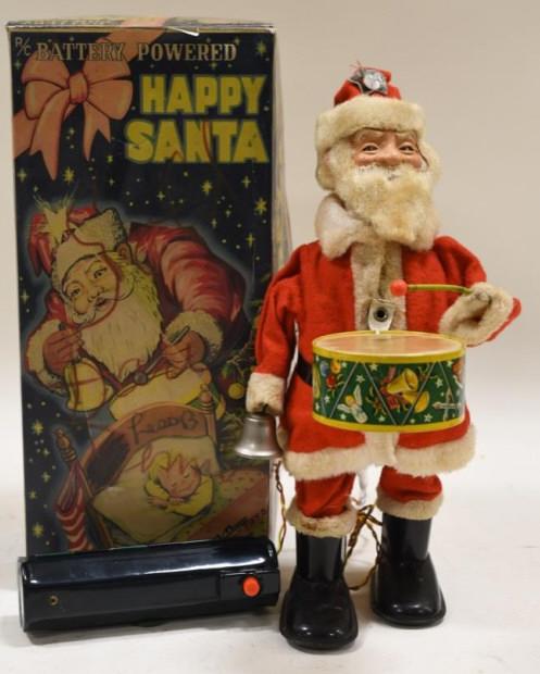 Cragstan Battery Powered Happy Santa: Nice Cragstan Battery Powered Happy Santa with reproduction box. Santa has wear from play and age. Displays nicely. Untested. Measures approximately 12" tall.