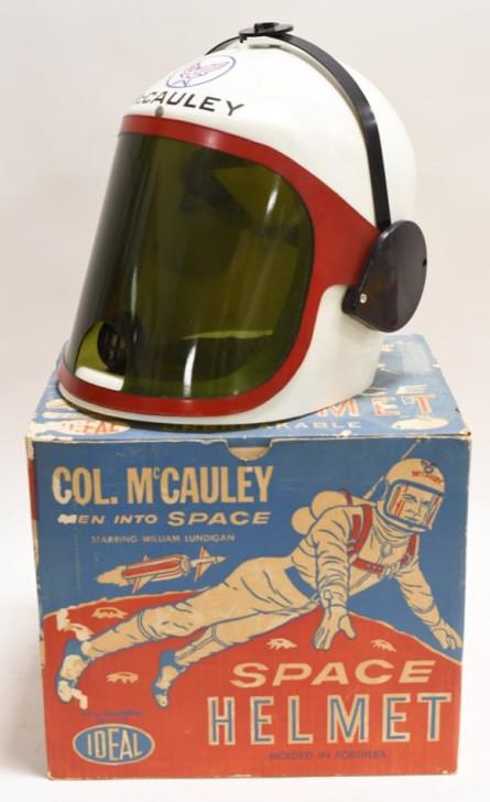 Ideal Col. McCauley Space Helmet: Nice vintage Ideal Col. McCauley space helmet with original box. Displays nicely with wear from play and age. Measures approximately 10" tall.