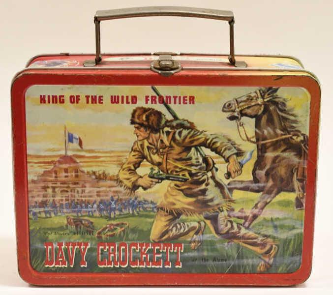 1955 Davy Crockett & Kit Carson Metal Lunch Box: Nice 1955 Kit Carson & Davy Crocket metal lunch box. Lunch box has paint loss and wear from use and age. Displays nicely. Measures approximately 8 3/4" across.