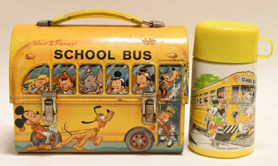 Aladdin Walt Disney School Bus Metal Lunch Box: Nice Aladdin Industries Walt Disney School Bus metal lunch box with thermos. Lunch box has paint loss and wear from use and age. Displays nicely. Measures approximately 9" across.