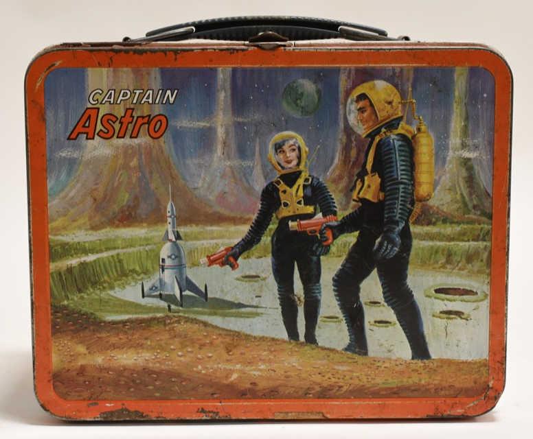 1966 Ohio Art Captain Astro Metal Lunch Box: Nice 1966 Ohio Art Captain Astro metal lunch box. Lunch box has paint loss and wear from use and age. Displays nicely. Measures approximately 8 3/4" across.