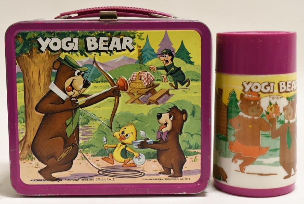 1974 Aladdin Yogi Bear Metal Lunch Box: Nice 1974 Aladdin Industries Yogi Bear metal lunch box. Lunch box has paint loss and wear from use and age. Displays nicely. Measures approximately 8" across.