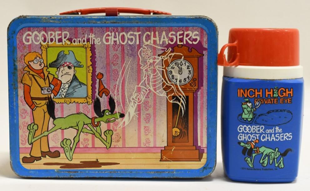 1974 Thermos Goober and the Ghost Chasers Lunchbox: Nice 1974 Thermos Goober and the Ghost Chasers metal lunch box and thermos. Lunch box has paint loss and wear from use and age. Displays nicely. Measures approximately 8 3/4" across.