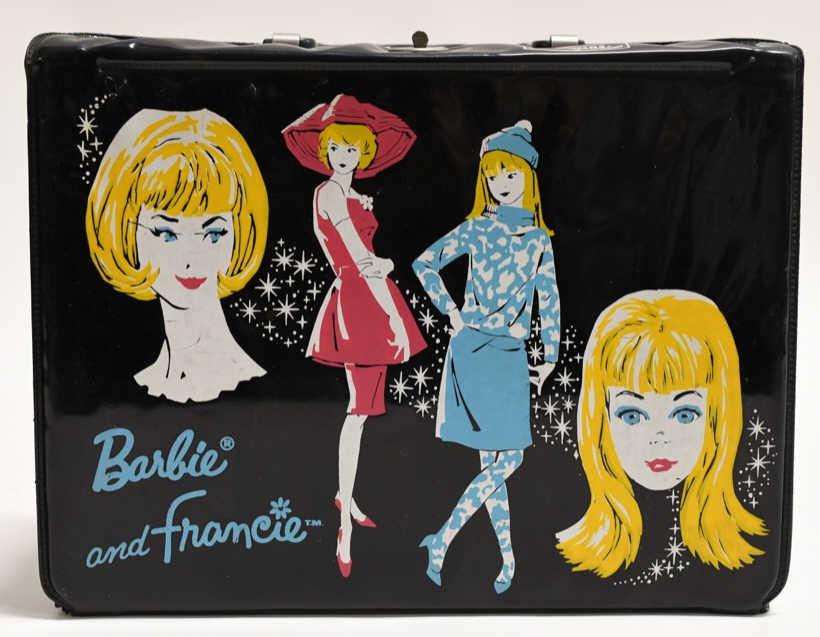 1965 Thermos Barbie and Francie Vinyl Lunch Box: Nice 1965 Thermos Co. Barbie and Francie vinyl lunch box with thermos. Nice condition with light wear from use and age. Displays nicely. Measures approximately 9 1/4" across.