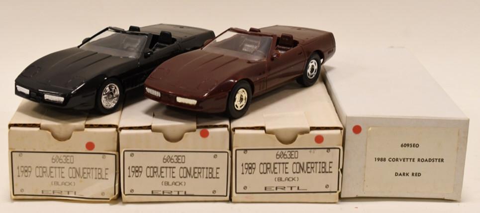(4) 1988-89 Chevrolet Corvette Promo Cars In Box: Nice lot of four Chevrolet Corvette dealership promotional 1/25 scale cars in box. Nice condition with light wear from age and storage. They vary in color. Lot includes (1) 1988 and (3) 1989 Display w
