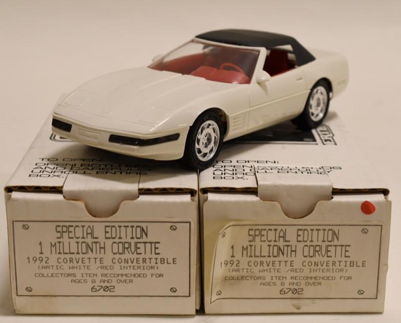 (2) 1992 Ertl 1 Millionth Corvette Promo Cars Box: Nice lot of 2 Ertl 1992 Special Edition 1 Millionth Chevrolet Corvette dealership promotional 1/25 scale cars in box. Nice condition with light wear from age and storage. Display well.