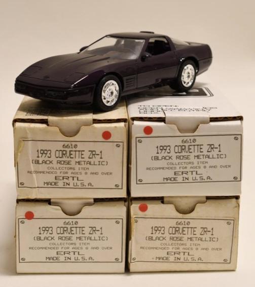 (4) 1993 Ertl Corvette Black Rose Promo Cars w Box: Nice lot of 4 Ertl 1993 Black Rose Metallic Corvette ZR-1 dealership promotional 1/25 scale cars in box. Nice condition with light wear from age and storage. Display well.
