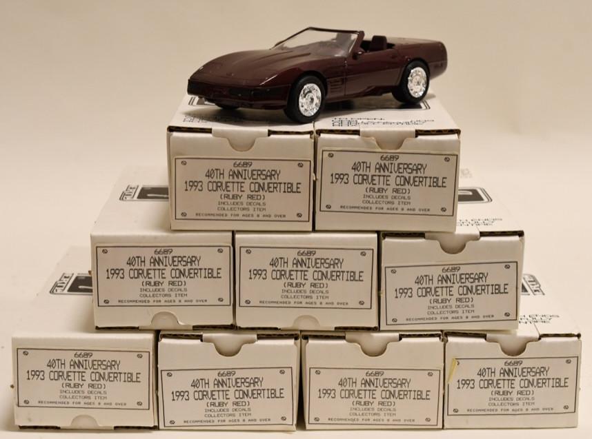 (9) 1993 Ertl Corvette 40th Anniv Promo Cars w Box: Nice lot of 9 Ertl 1993 40th Anniversary Ruby Red Chevrolet Corvette Convertible dealership promotional 1/25 scale cars in box. Nice condition with light wear from age and storage. Display well.