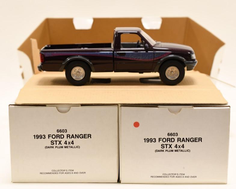 (3) 1993 Ford Ranger STX Promo Trucks In Box: Nice lot of (3) 1993 Ford Ranger STX 4x4 dealership promotional 1/25 scale trucks in boxes. Nice condition with light wear from age and storage.