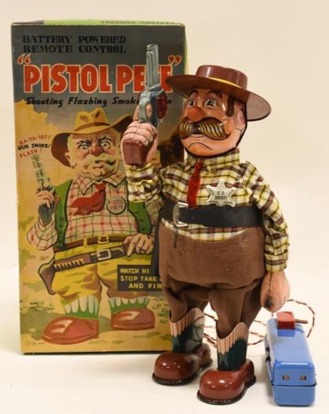 Battery Op. Marusan Pistol Pete Sheriff: Nice battery operated Marusan Pistol Pete Sheriff in the box. Displays nicely with light wear from play and age. Untested. Battery compartment is clean. Measures approximately 11" tall.