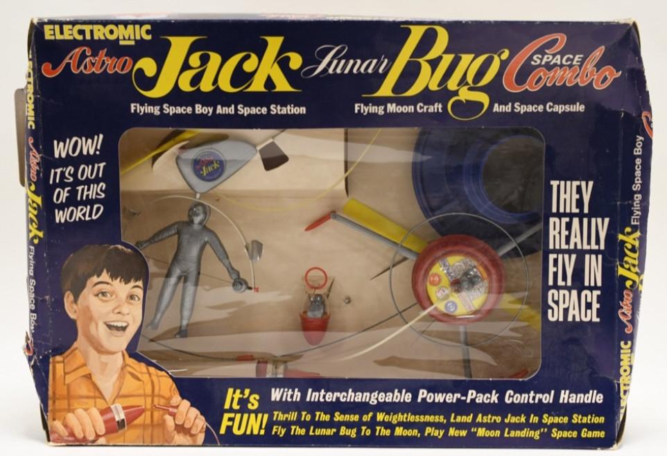 Electromic Astro Jack Flying Space Boy & Station: Nice Electromic Astro Jack Lunar Bug Space Combo. Flying space boy and space station flying moon craft and space capsule. Nice condition in the box. Box has wear from age and display. Box measures app