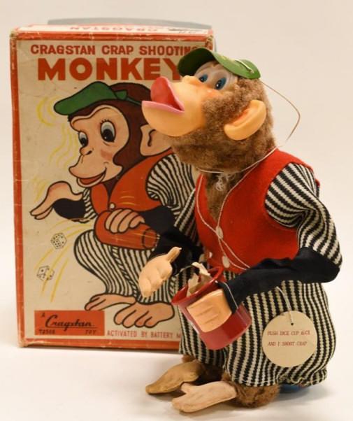 Alps Cragstan Battery Op. Crap Shooting Monkey: Nice Alps battery operated Cragstan Crap Shooting Monkey with box. Displays nicely with wear from age and play. Untested. Measures approximately 9" tall