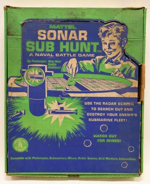 1961 Mattel Sonar Sub Hunt Naval Battle Game: Nice 1961Sonar Sub Hunt Naval battle game by Mattel. Nice condition with the original box. Box has some wear and tear from age. Displays nicely for age. Box measures approximately 21 1/2" long by 17 1