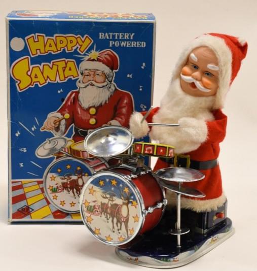 Alps Battery Operated Happy Santa Drummer: Nice Alps battery operated Happy Santa drummer with box. Displays nicely with wear from age and play. Measures approximately 9 1/2" tall.