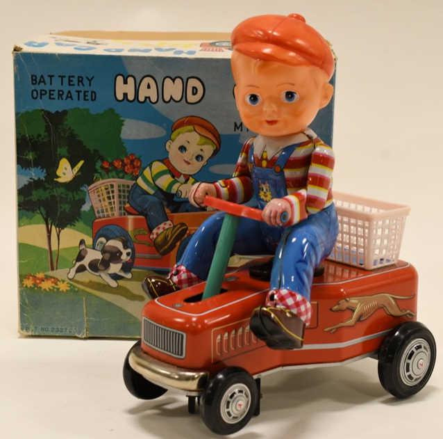 Modern Toys Tin Battery Operated Hand Car: Nice Modern Toys tin battery operated hand car with box. Displays nicely with some wear from play and age. Untested. Measures approximately 8" long.