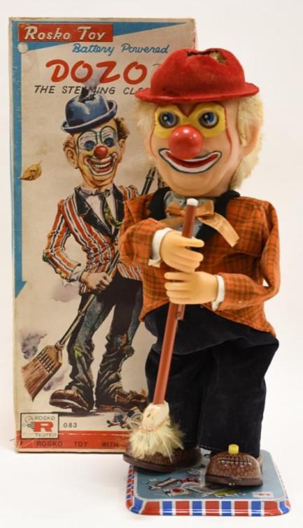 Rosko Toy Battery Operated Dozo The Steaming Clown: Nice Rosko Toys battery operated Dozo the steaming clown with box. Displays nicely with some wear from age and play. Untested. Measures approximately 15" tall.