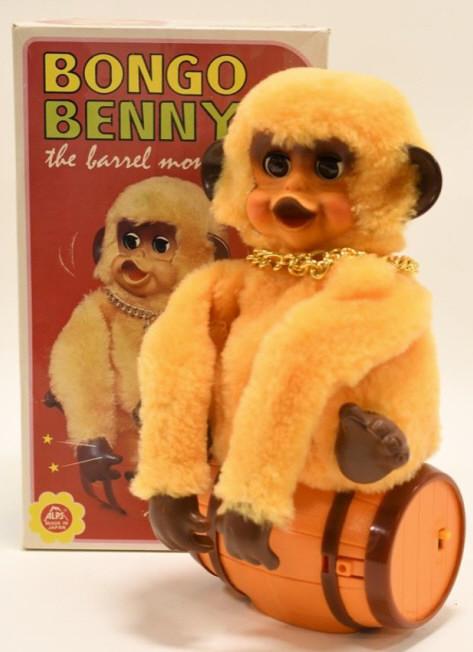 Alps Battery Op. Bongo Benny The Barrel Monkey: Nice Alps Japan battery operated Bongo Benny the barrel monkey with box. Displays nicely with some wear from age and play. Untested. Measures approximately 10" tall.
