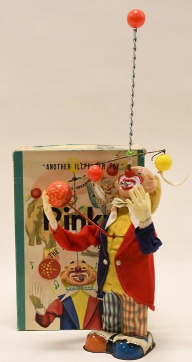 Alps Japan Battery Op. Pinky The Juggling Clown: Nice Alps Japan battery operated Pinky the Juggling Clown in the box. Displays nicely with wear from age and play. Untested. Measures approximately 11" tall.