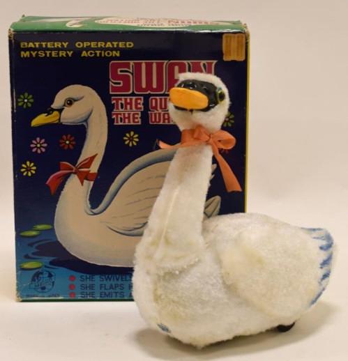Meiho Japan Battery Op Swan The Queen on the Water: Nice Meiho Japan battery operated Swan the Queen on the Water with mystery action in box. Displays nicely with wear from age and play. Untested. Measures approximately 9" tall.