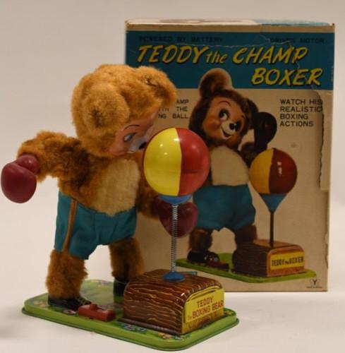 Cragstan Battery Op. Teddy The Champ Boxer: Nice Cragstan Japan battery operated Teddy the Champ Boxer in the box. Displays nicely with wear from age and play. Untested. Measures approximately 10" tall.
