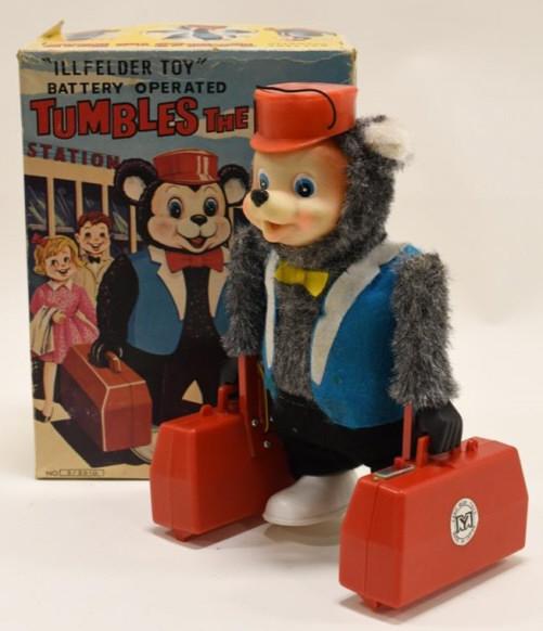 Yanoman Toys Battery Op. Tumbles The Bear: Nice Yanoman Toys battery operated Tumbles the bear in box. Displays nicely with wear from age and play. Untested. Measures approximately 9 1/2" tall.