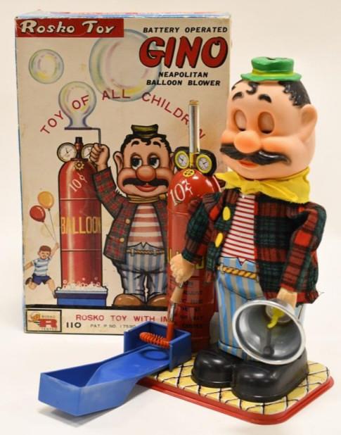 Rosko Battery Op Gino Neapolitan Balloon Blower: Nice Rosko Toy battery operated Gino Neapolitan Balloon Blower with box. Displays nicely with wear from play and age. Untested. Measures approximately 11" tall.