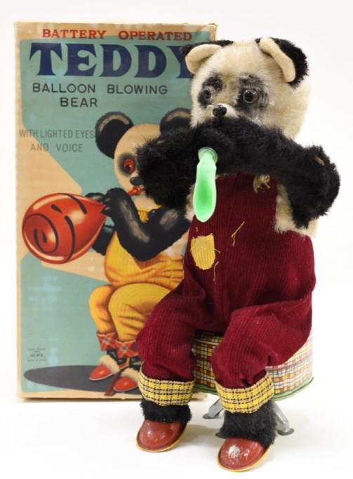 Alps Battery Op. Teddy Balloon Blowing Bear: Nice Alps battery operated Teddy balloon blowing bear with box. Displays nicely with wear from age and play. Measure approximately 11" tall.