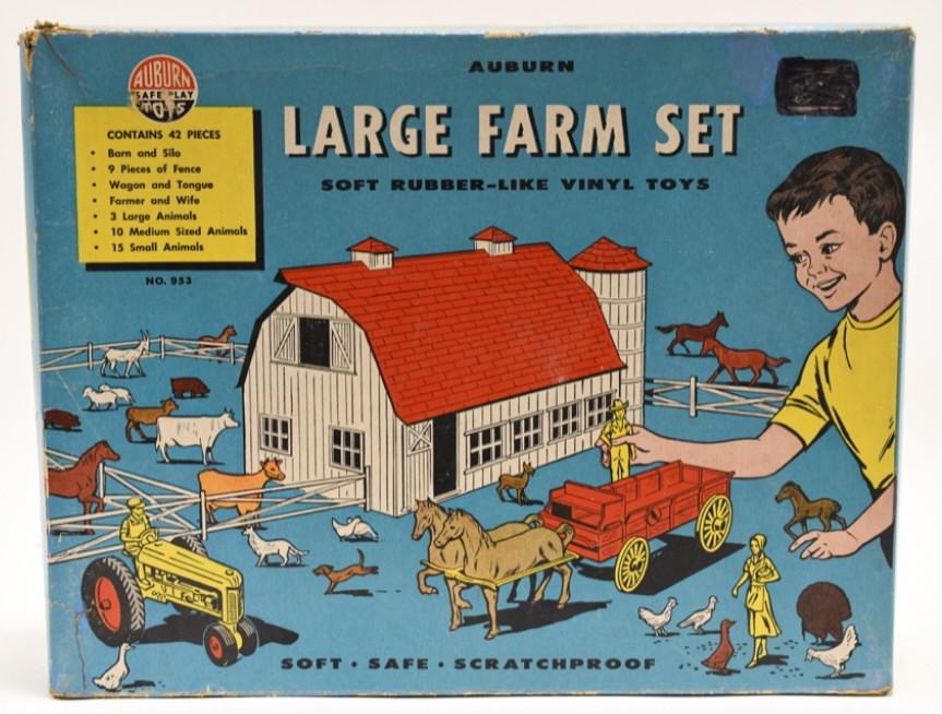 Auburn Rubber Large Farm Set: Nice Auburn Rubber large farm set with box. Box has some wear and tear from age. Set displays nicely with some wear from age. Box measures approximately 14" long by 10 3/4" wide.