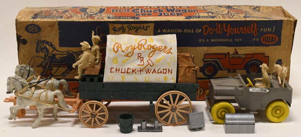 Ideal Toys Roy Rogers Fix-It Chuck Wagon and Jeep: Nice Ideal Toys Roy Rogers Fix-It Chuck Wagon and Jeep. Comes with Roy Rogers, Dale Evans, Pat Brady, and Bullet figures. Set displays nicely with some discoloration and wear from play and age. Box me