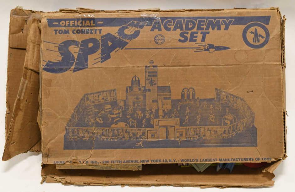Marx Official Tom Corbett Space Cadet Play Set: Nice Marx official Tom Corbett Space Cadet play set with the box. Box has wear from age and display. Unsure if set is complete. Box measures approximately 23" long by 13" wide.