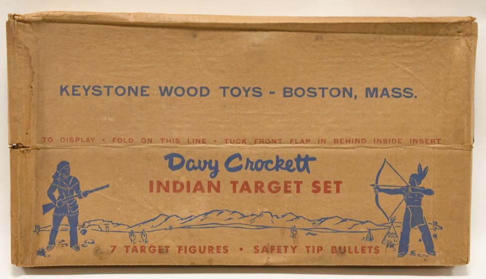 Keystone Wood Toys Davy Crocket Indian Target Set: Nice Keystone Wood Toys Davy Crocket Indian target set in the box. Model 826. Box has the original cardboard insert. Displays nicely with some wear from age. Gun measures approximately 21 1/2" long.
