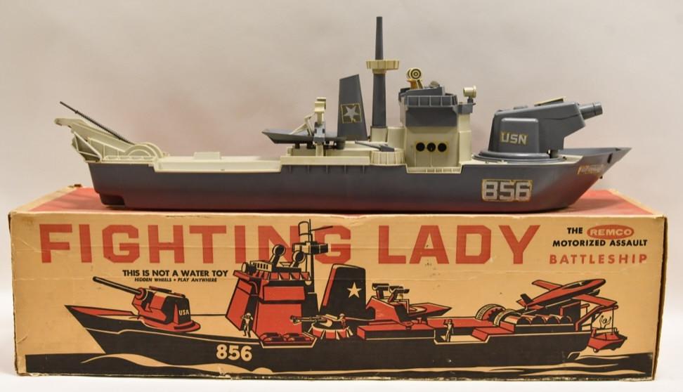 Large Remco Fighting Lady Battleship: Large Remco Fighting Lady Battleship with box. The battleship is made of mostly plastic. It does have some cracks, breaks, and some missing pieces. Measures approximately 31" long. Box has some light 