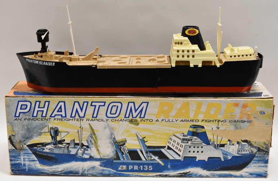 Ideal Toys Phantom Raider PR-135 Battleship: Nice Ideal Toys Phantom Raider PR-135 Battleship with box. Box has some wear from storage and display. Ship is made of plastic and is battery operated. The ship has some cracks and wear from play and