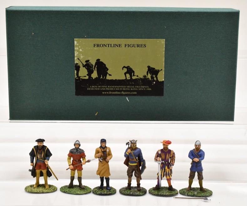 Frontline Figures Hand Painted Knights MF.9: Frontline Figures hand painted metal figures MF.9. Medieval Foot Knights 6 different types. Includes 6 figures.