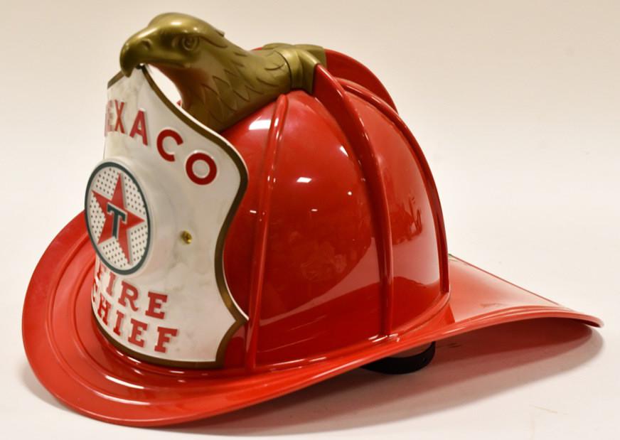 Vintage Texaco Fire Chief Promotional Helmet: Vintage Texaco Fire Chie promotional helmet with speaker. Displays nicey with light wear from display and age. Measures approximatley 14" across.