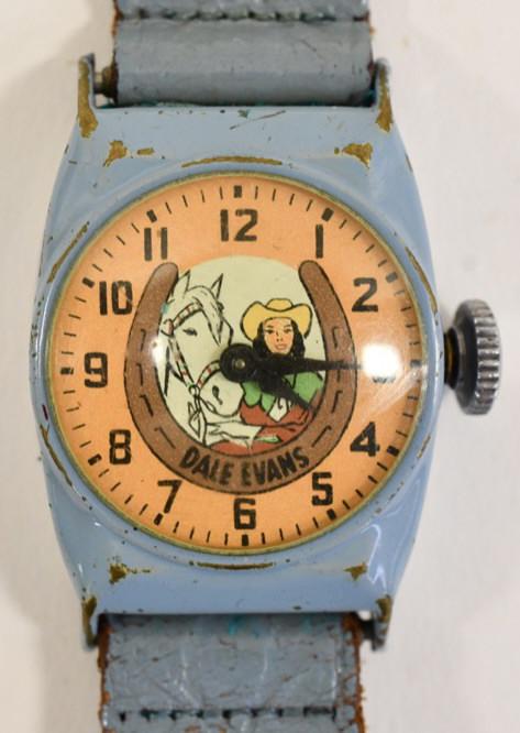 Vintage Dale Evans Wristwatch: Vintage Dale Evans writwatch with blue leather band. Displays nicely with wear from use and age. Not currently running.