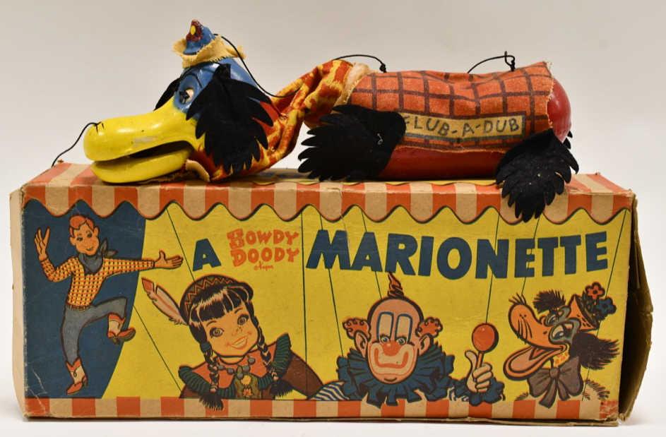 Vintage Howdy Doody Flub-A-Dub Marionette Puppet: 1950's Howdy Doody Flub-A-Dub Marionette Puppet with the original box. The puppet is in nice condition with some paint loss and wear from use and age. Displays nicely. Measures approximately 11" acros