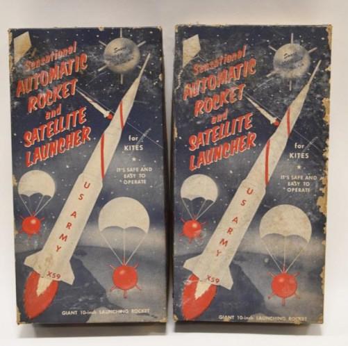 Sensational Automatic Rocket & Satellite for Kites: (2) Sensational Automatic Rocket and Satellite Launcher for kites by Blackhawk Plastics Co. The rockets are supposed to be tied to the line on your kite. Displays nicely with the original boxes.