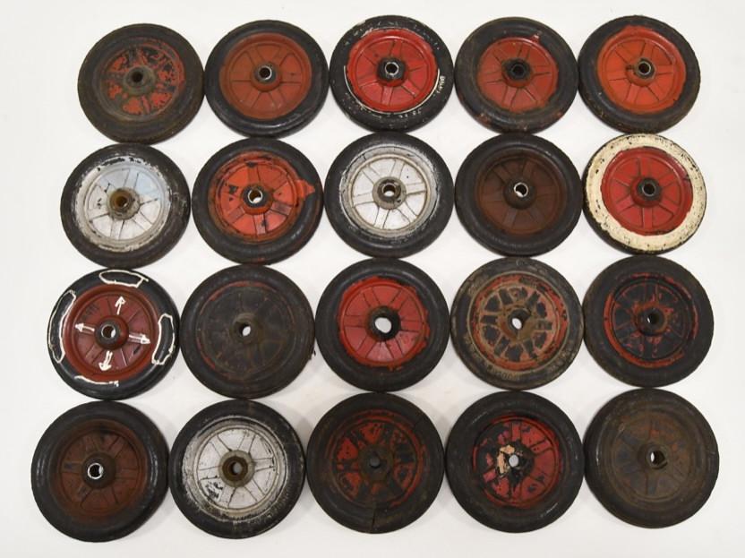 Lot of 20 Buddy L Rubber Tires: Lot of 20 Buddy L Rubber Tires. All the tires have wear from age and play. Some of the rims are cracked or have chips. Measures approximately 4 1/4" in diameter.