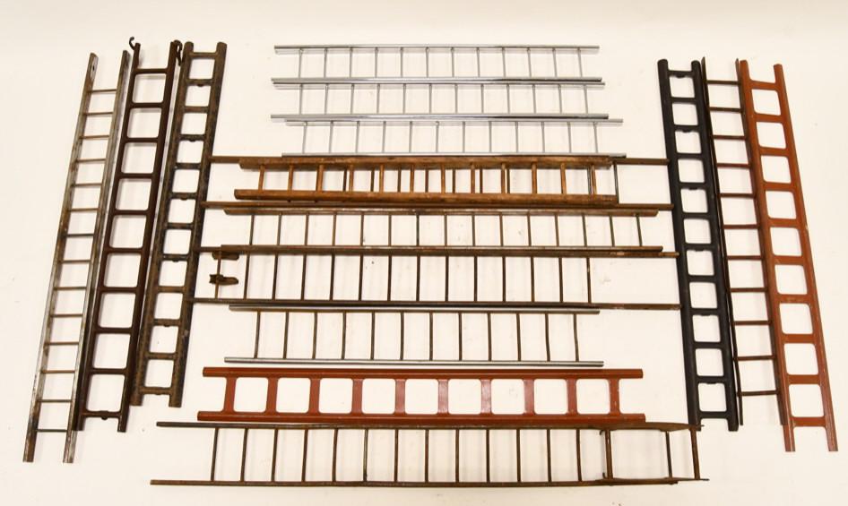 Lot of Vintage Toy Fire Truck Ladders: Lot of vintage Buddy L, Keystone, and other vintage truck ladders. Includes wood ladders, nickel plated ladders, and painted ladders.