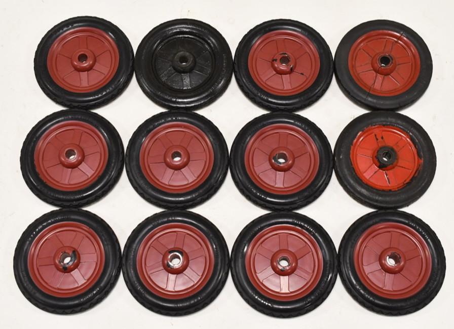 Lot of 12 Buddy L Rubber Spoked Balloon Tires: Lot of 12 Buddy L rubber spoked balloon tires. Some tires have cracks and wear from age.